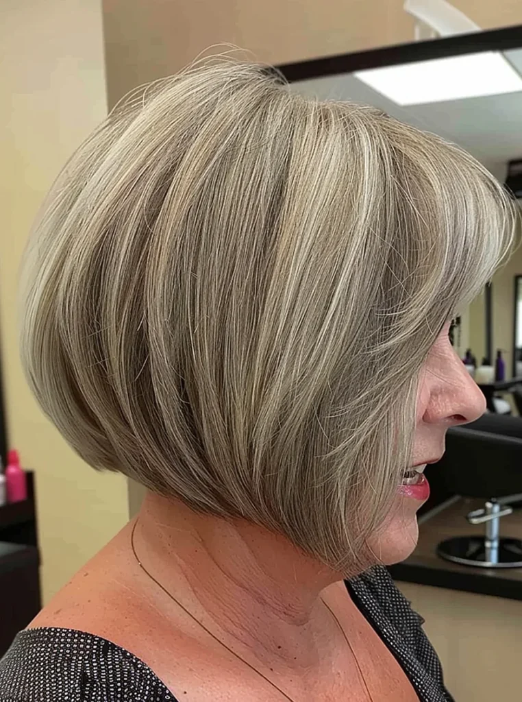 Frau über 60 mit Bob und Highlights, blond-graues Haar mit sanften Farbnuancen für mehr Tiefe, Volumen und einen modernen Look.