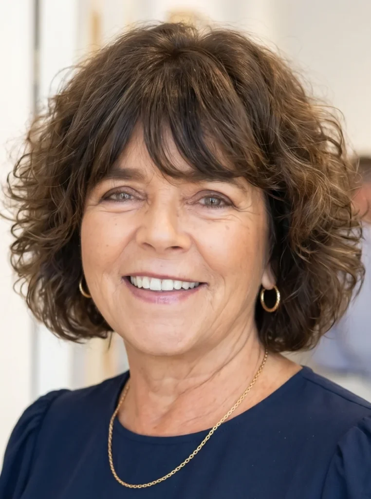 Frau über 60 mit Bob und sanften Locken, voluminöse braune Frisur mit Pony für einen frischen und jugendlichen Look.
