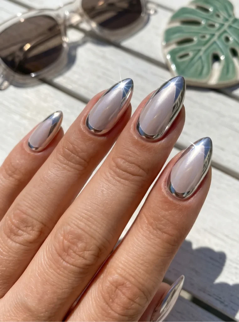 Chrom-Mandelnägel mit spiegelndem Glanz, modernes und elegantes Sommer-Nageldesign mit metallischem Finish