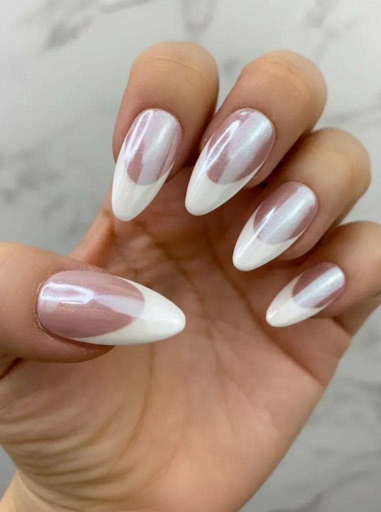 Französische Chrom Nägel mit glänzendem Pearl-Chrome-Effekt und eleganten weißen Spitzen auf modernen mandelförmigen Nägeln.