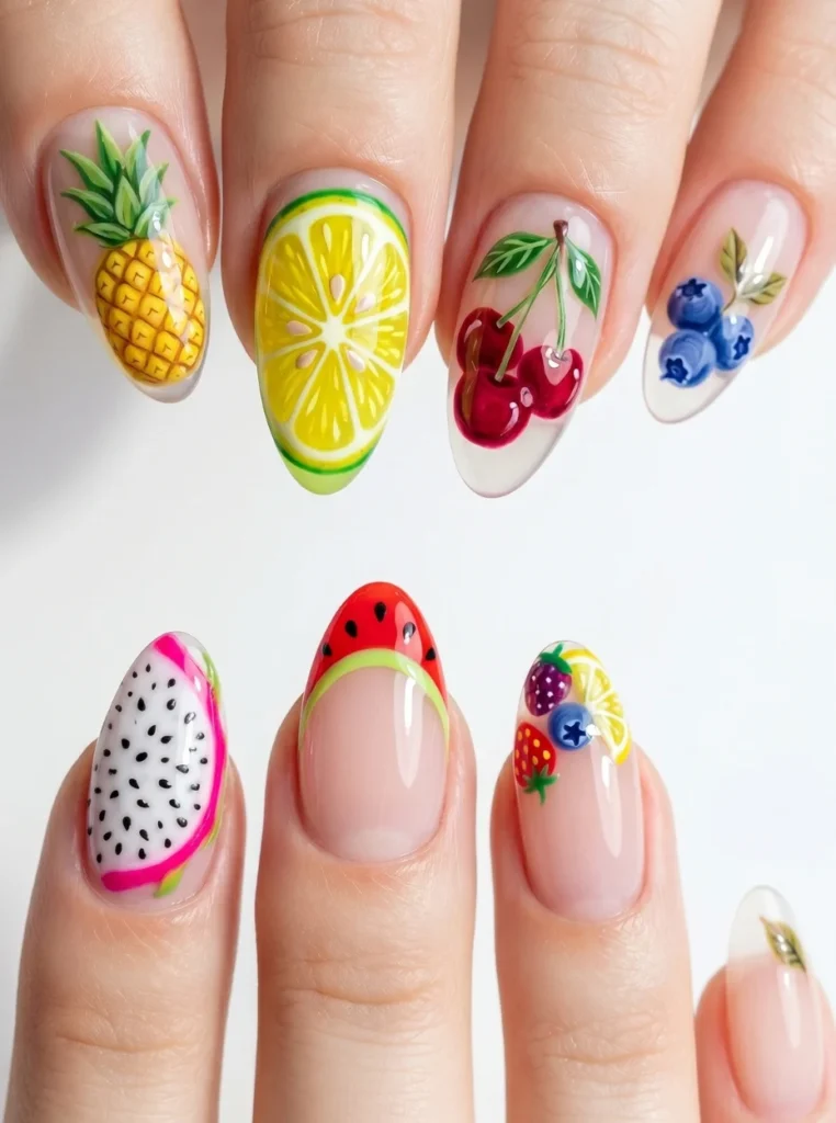 Von Früchten inspirierte Mandelnägel mit Motiven wie Erdbeeren und Kirschen, verspieltes Sommer-Nageldesign in leuchtenden Farben