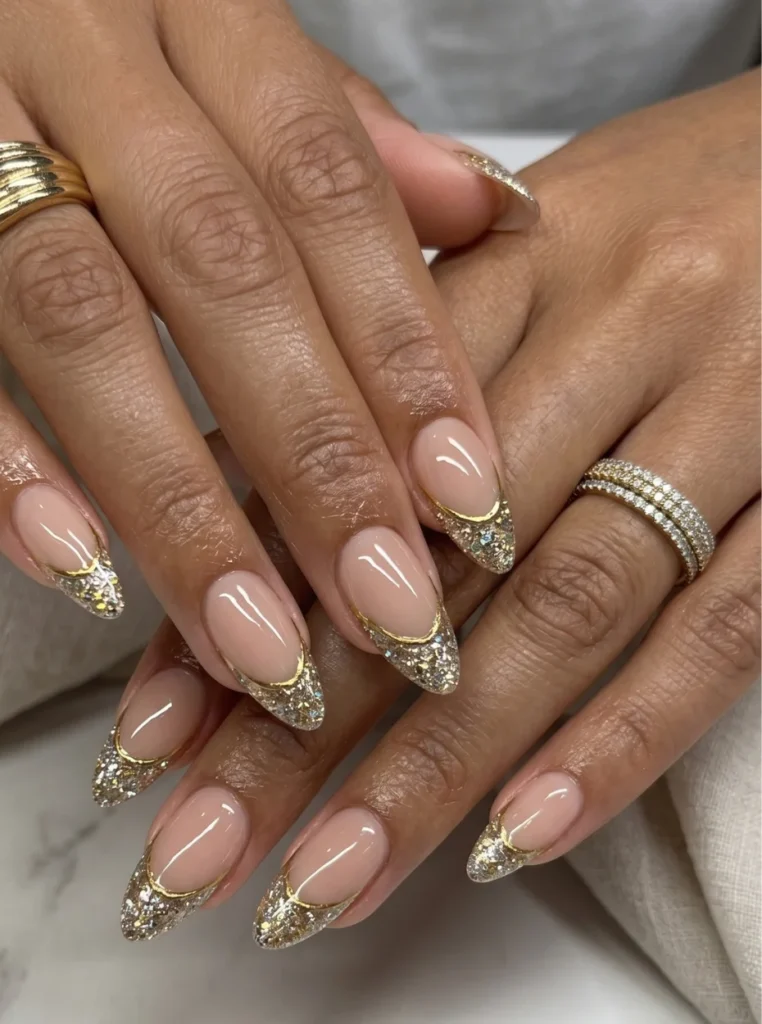 Glitzer French Farbe mit goldenen und silbernen Spitzen auf eleganten Nude Nägeln