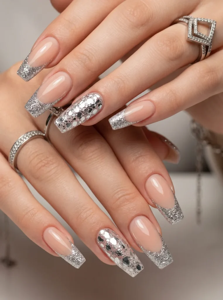 Elegante Glitzer French Nägel mit silbernen Glitter-Spitzen und Nude-Basis auf langen Coffin-Nägeln in glamouröser Nahaufnahme.