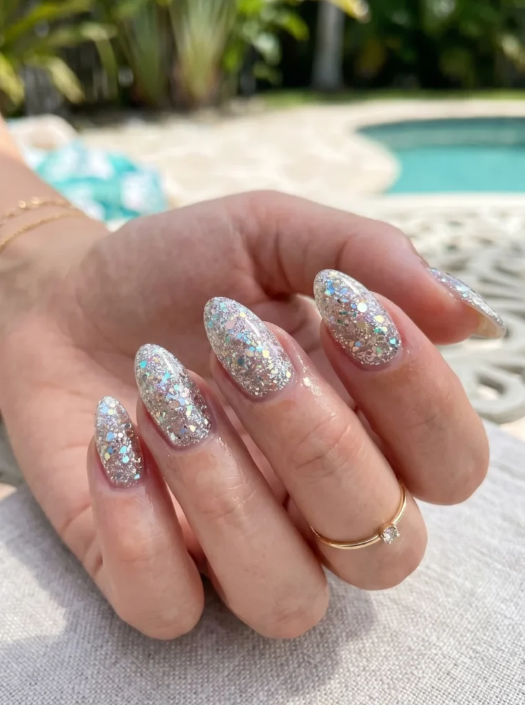 Glitzernde Mandelnägel mit funkelndem Finish, glamouröses Sommer-Nageldesign für Partys und besondere Anlässe