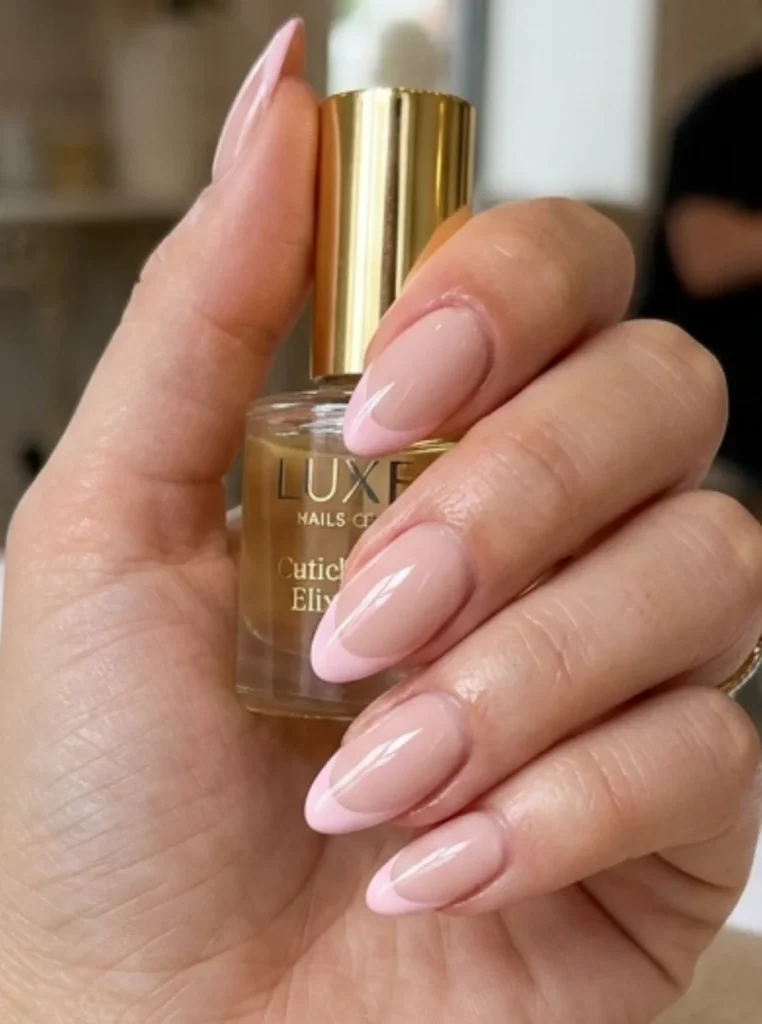Klassische French Nails mit rosa Spitze auf eleganten mandelförmigen Nägeln mit glänzendem Nude-Finish