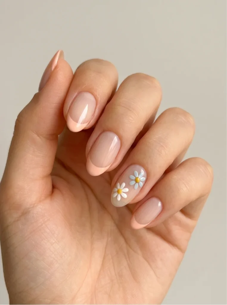 Kurze mandelförmige Nägel mit schlichtem Sommerdesign, natürliche Länge, gepflegtes und alltagstaugliches Nagelstyling