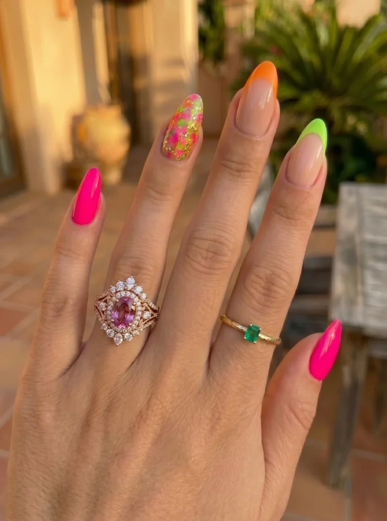 Leuchtende und kräftige Mandelnägel in Neonfarben, auffälliges Sommer Nageldesign, trendige bunte Nägel für Urlaub und Strandlook