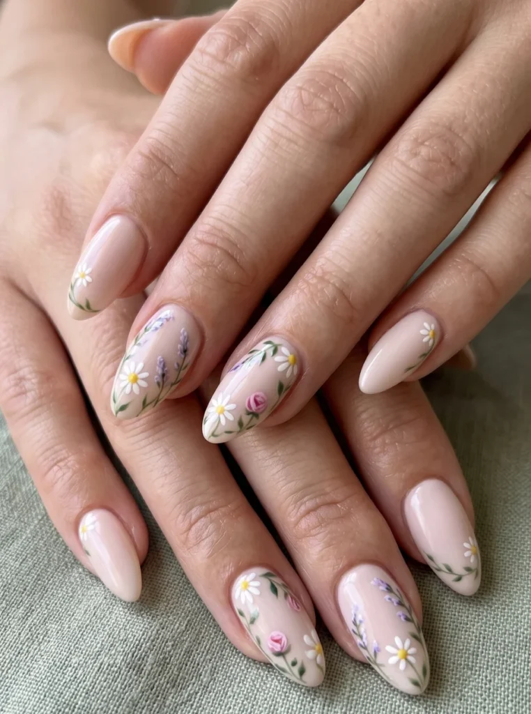 Mandelförmige Nägel mit Blumenmotiven, zarte florale Muster in Pastellfarben, feminines Sommer-Nageldesign mit romantischem Look