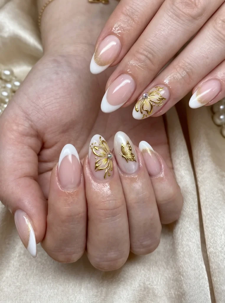 Elegante Mandelform French Nägel mit weißen Spitzen, goldenen Details und glänzender Nude-Basis in luxuriöser Nahaufnahme.
