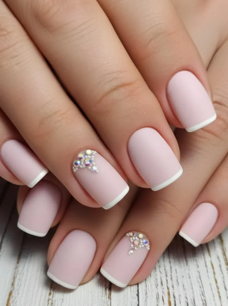Matte weiße French Nägel mit zartem Nude-Finish und funkelnden Strasssteinen auf kurzen square Nägeln.