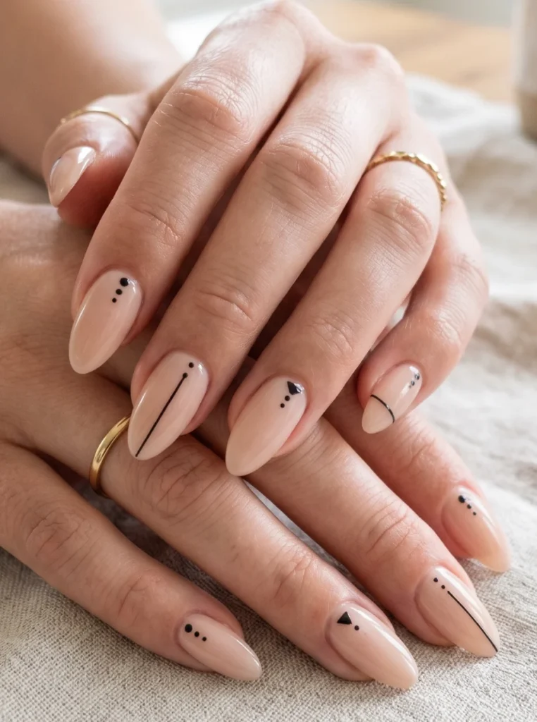 Minimalistische mandelförmige Nägel mit feinen Linien und dezenten Details, elegantes und modernes Nageldesign für den Alltag