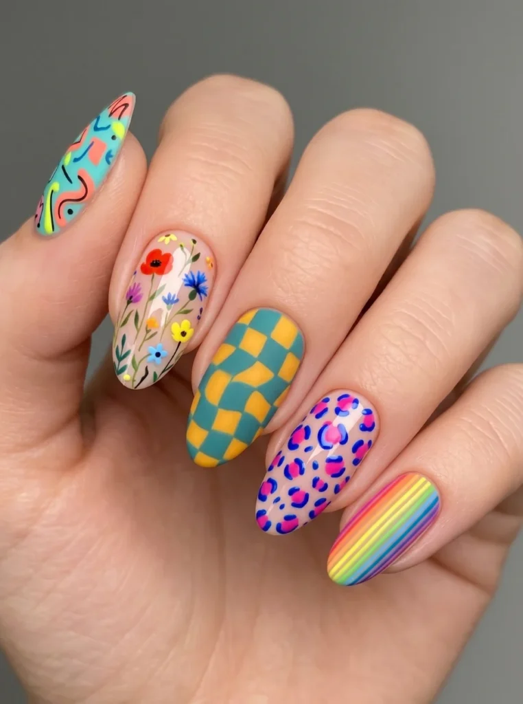 Mix-und-Match Mandelnägel mit unterschiedlichen Farben und Mustern, kreatives und trendiges Sommer-Nageldesign