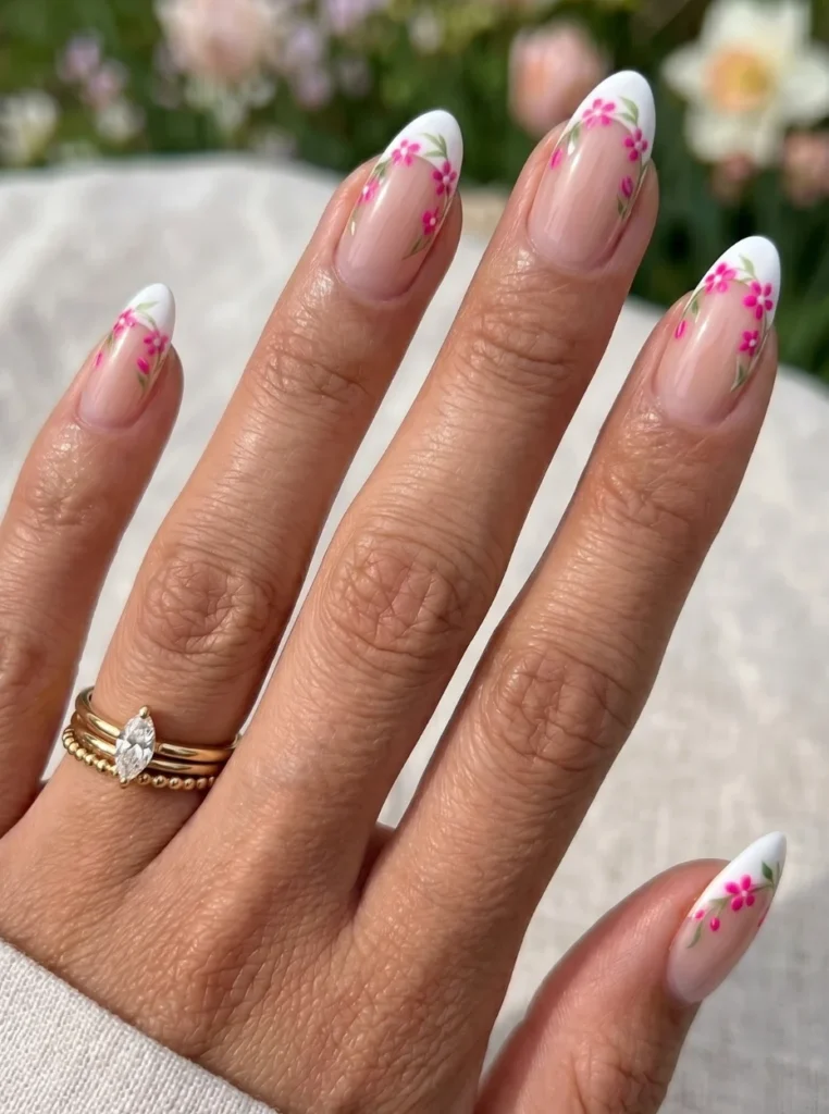 Elegante Nägel French Farbe mit weißen Spitzen und zarten rosa Blumenmustern auf mandelförmigen Nägeln