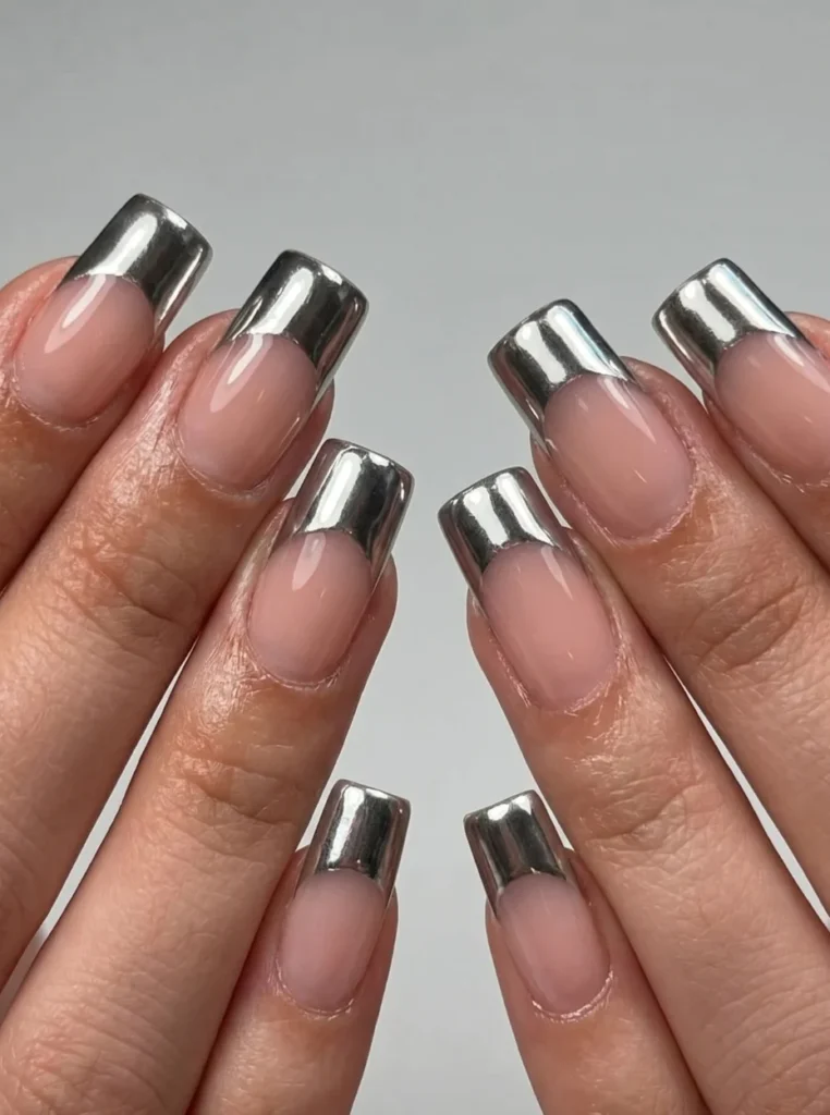 Moderne Nägel French Farbe mit silbernen Chrome-Spitzen auf glänzenden Nude Nägeln
