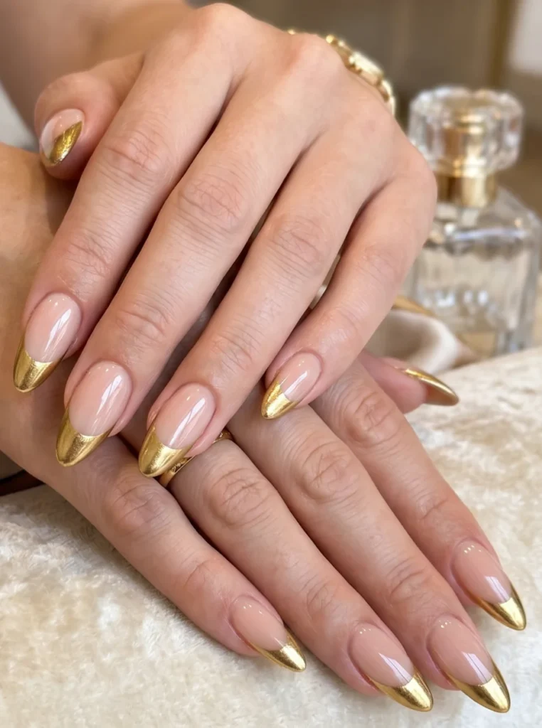 Luxuriöse Nägel French Farbe mit goldenen Metallic-Spitzen auf eleganten mandelförmigen Nude Nägeln