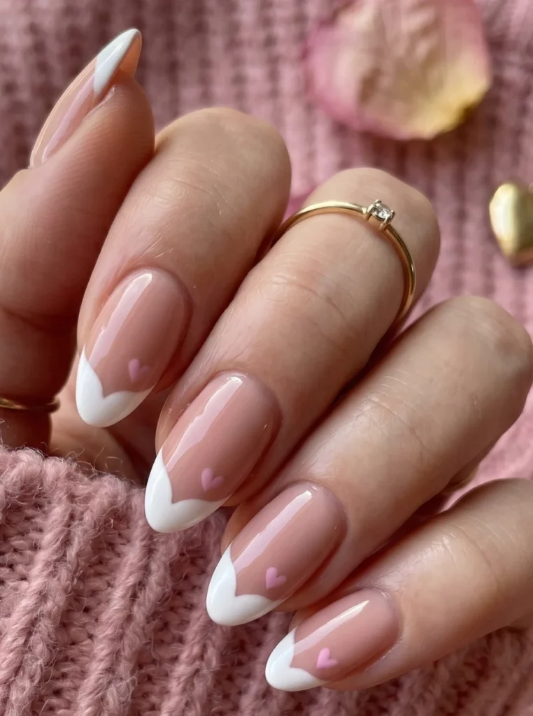 Romantische Nägel French Farbe mit weißen Spitzen und kleinen rosa Herzen auf eleganten mandelförmigen Nägeln