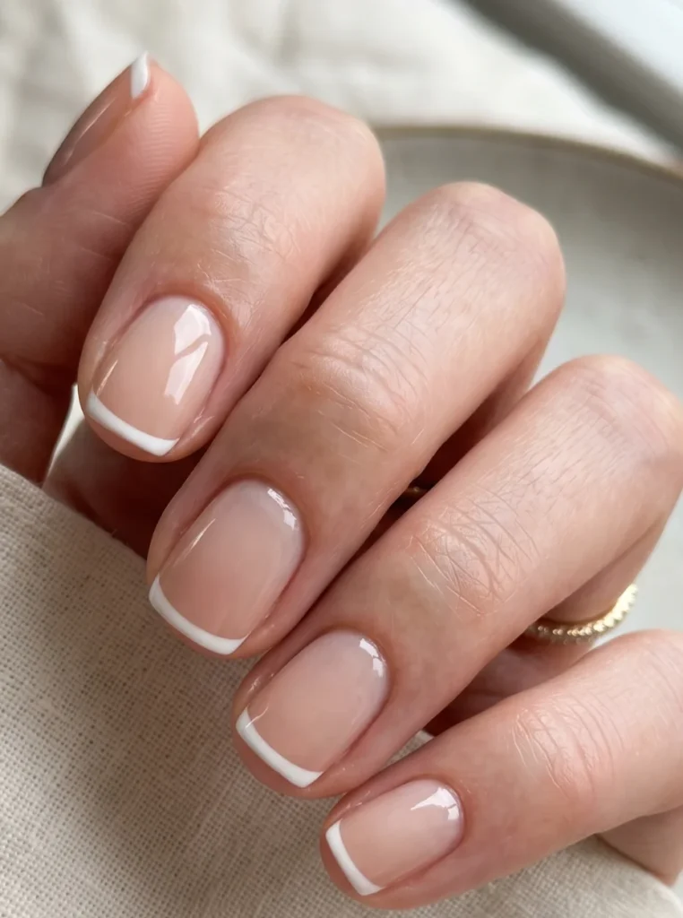 Minimalistische Nägel French Farbe mit feinen weißen Micro French Spitzen auf kurzen Nude Nägeln