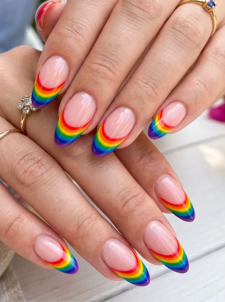 Bunte Nägel French Farbe mit Rainbow-Spitzen in leuchtenden Regenbogenfarben auf mandelförmigen Nägeln