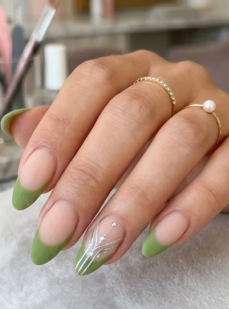 Moderne Nägel French mande mit olivegrünen Spitzen und Nude-Basis auf eleganten mandelförmigen Nägeln in stilvoller Salon-Nahaufnahme.