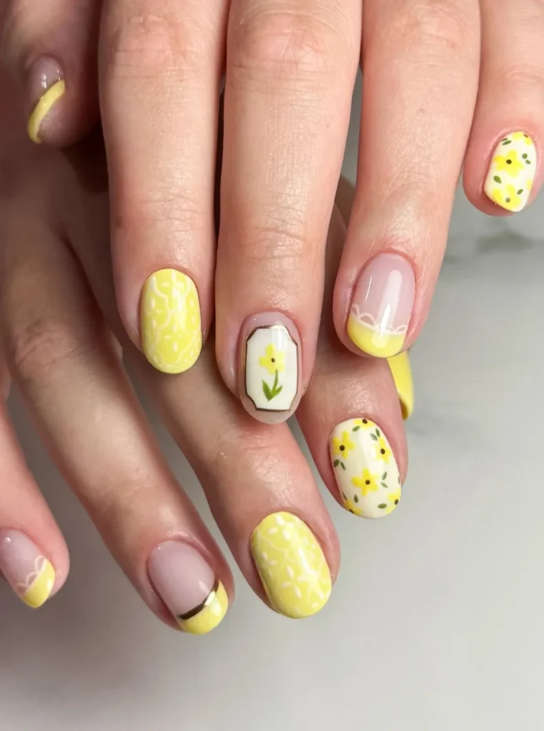 Nägel gelb pastell mit Blumen, French Tips und kreativem Mix Design