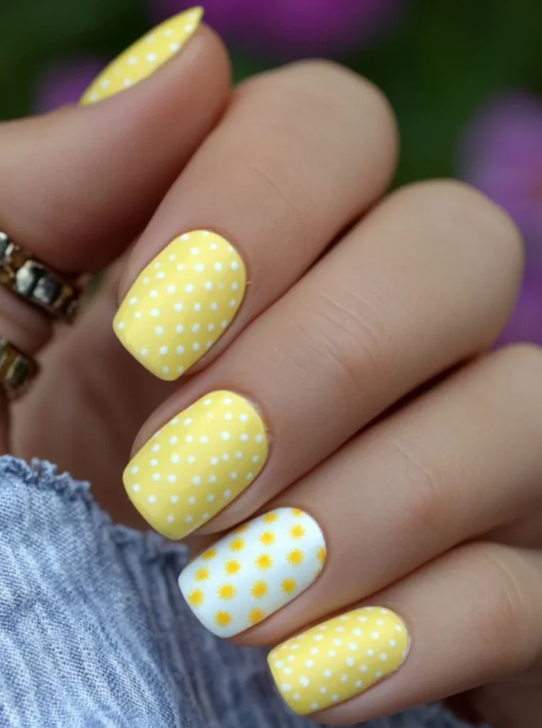 Nägel gelb pastell mit Tupfen und Blumen im verspielten Design