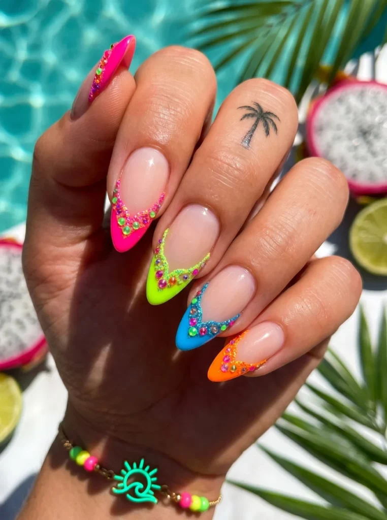 Neon-Mandelnägel in leuchtenden Farben wie Pink, Grün und Orange, auffälliges Sommer-Nageldesign für einen trendigen Look