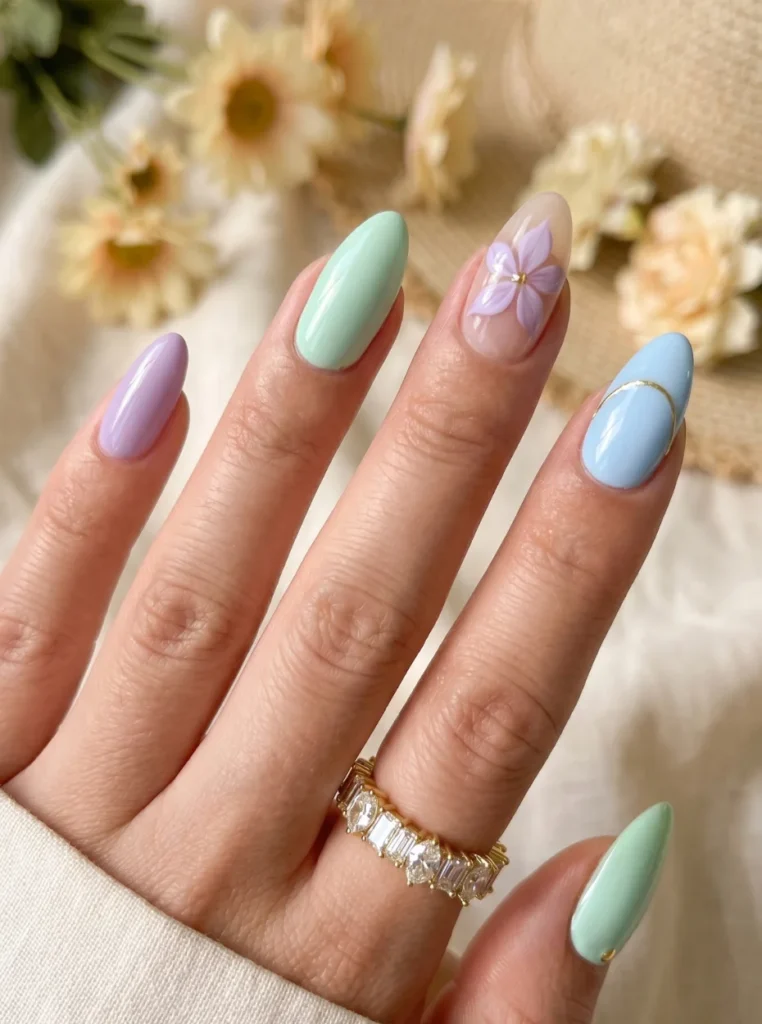 Pastellfarbene Mandelnägel in zarten Farben wie Rosa, Mint und Lavendel, feminines Sommer-Nageldesign mit glänzendem Finish