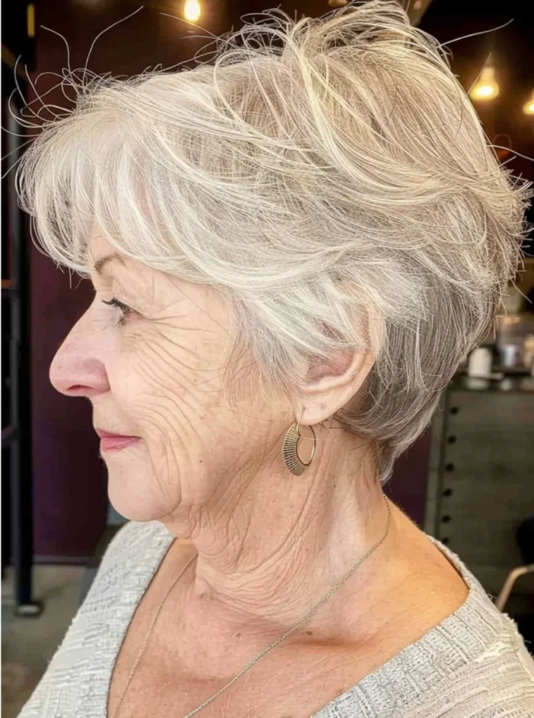 Frau über 60 mit Pixie Bob in Silbergrau, kurzer gestufter Haarschnitt mit viel Volumen und modernem, jugendlichem Look.