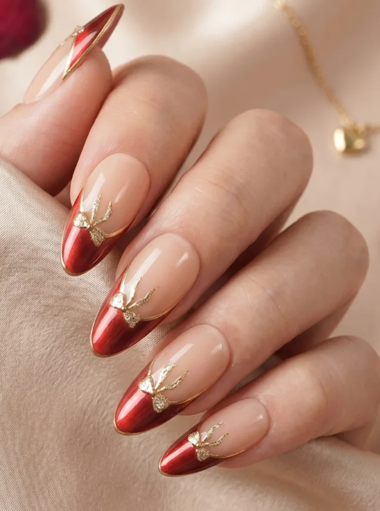 Elegante rote French Nägel mit glänzenden roten Spitzen und goldenen Details auf mandelförmigen Nägeln in luxuriöser Nahaufnahme.