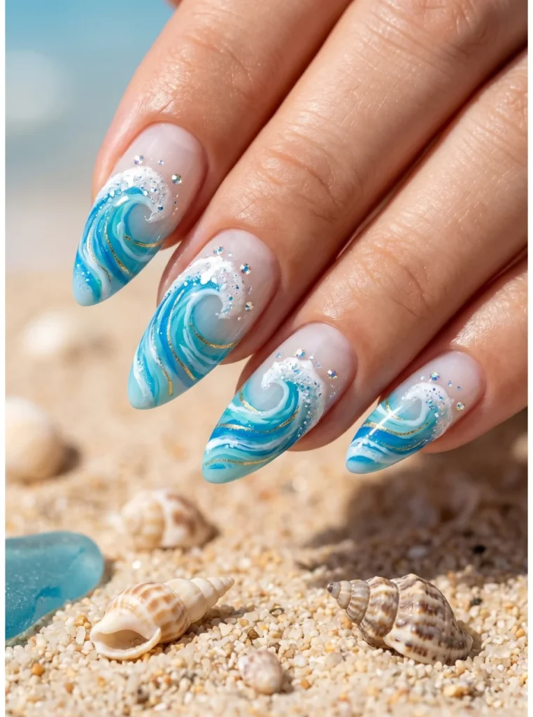 Strand-inspirierte Mandelnägel mit Wellen, Blau- und Sandtönen, sommerliches Nageldesign im Beach-Look für Urlaub und Meer vibes