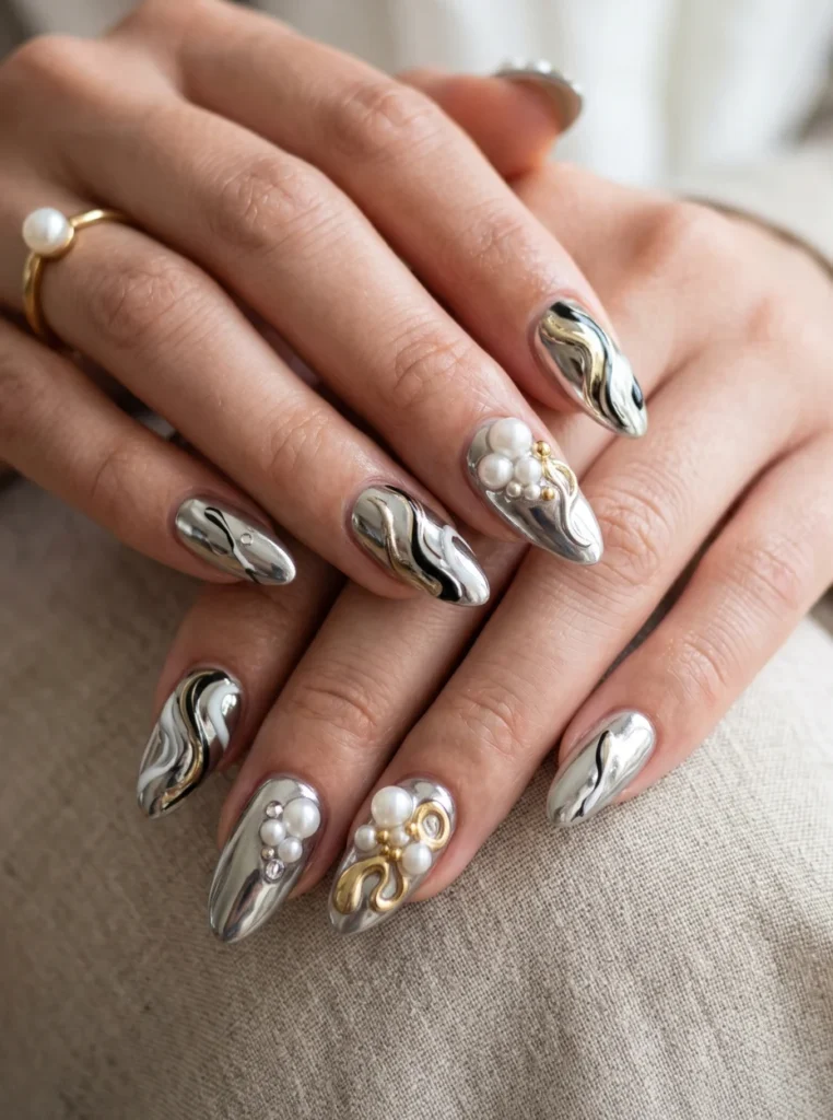 Trendige Mandelnägel mit viralem Design, moderne Nail Art mit 3D-Elementen, Chrome und abstrakten Mustern für einen angesagten Look
