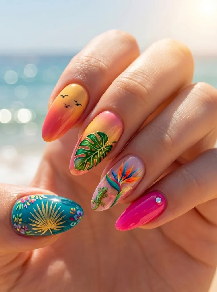 Tropische Mandelnägel mit Palmenblättern, Sonnenuntergangsfarben und floralen Mustern, sommerliches Nageldesign im exotischen Look