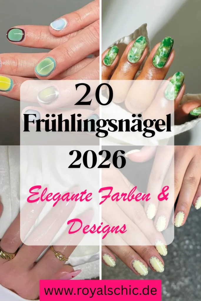 Collage mit 20 Frühlingsnägeln 2026 in eleganten Farben und modernen Designs, darunter Aura Nails, Matcha Green Nails, Strawberry Milk Nails und Buttergelbe Nägel.