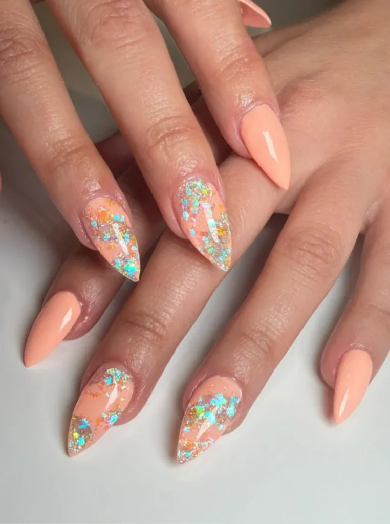 Apricot Glitzer Nägel mit holografischen Glitzerpartikeln auf mandelförmigen Nägeln und glänzendem Finish.