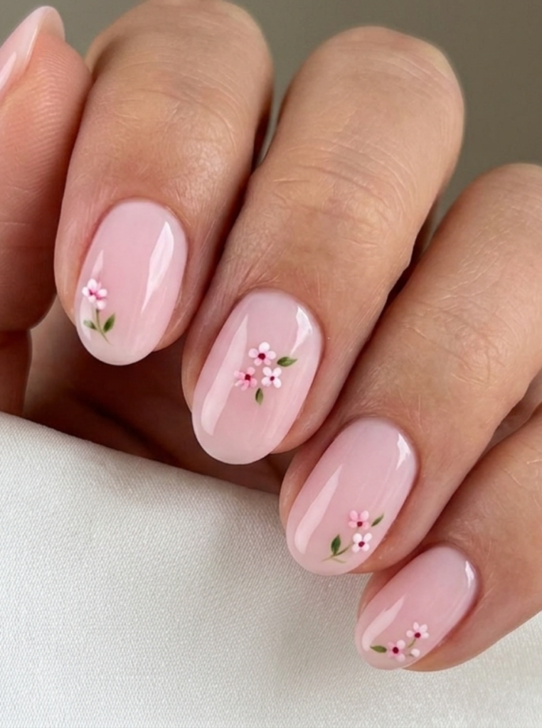 Babyrosa Nägel mit kleinen rosa Blüten und grünen Blättern auf ovalen Nägeln, elegantes florales Nageldesign für Frühling 2026