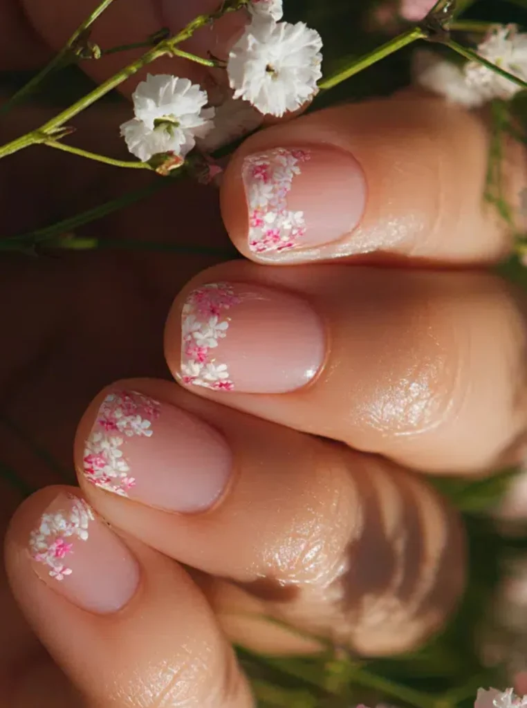 Kurze French Nägel mit zarten rosa und weißen Blumenmustern auf einer natürlichen Nude-Basis, inspiriert von frühlingshaften Blüten und einem romantischen Nageldesign.