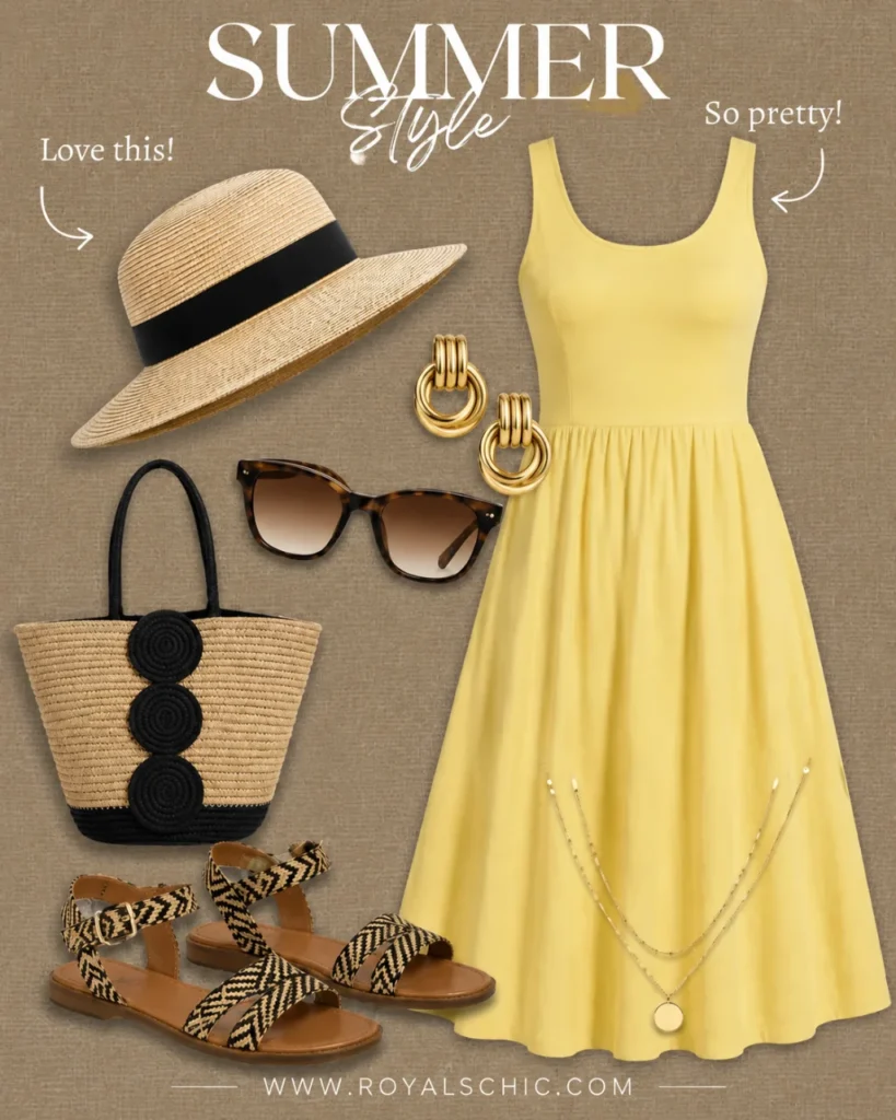 Butter Yellow Sommeroutfit 2026 mit gelbem Midikleid, Strohhut, Basttasche, gemusterten Sandalen, goldenen Statement-Ohrringen, Layering-Halskette und Sonnenbrille in einer stilvollen Fashion-Collage für Damen.