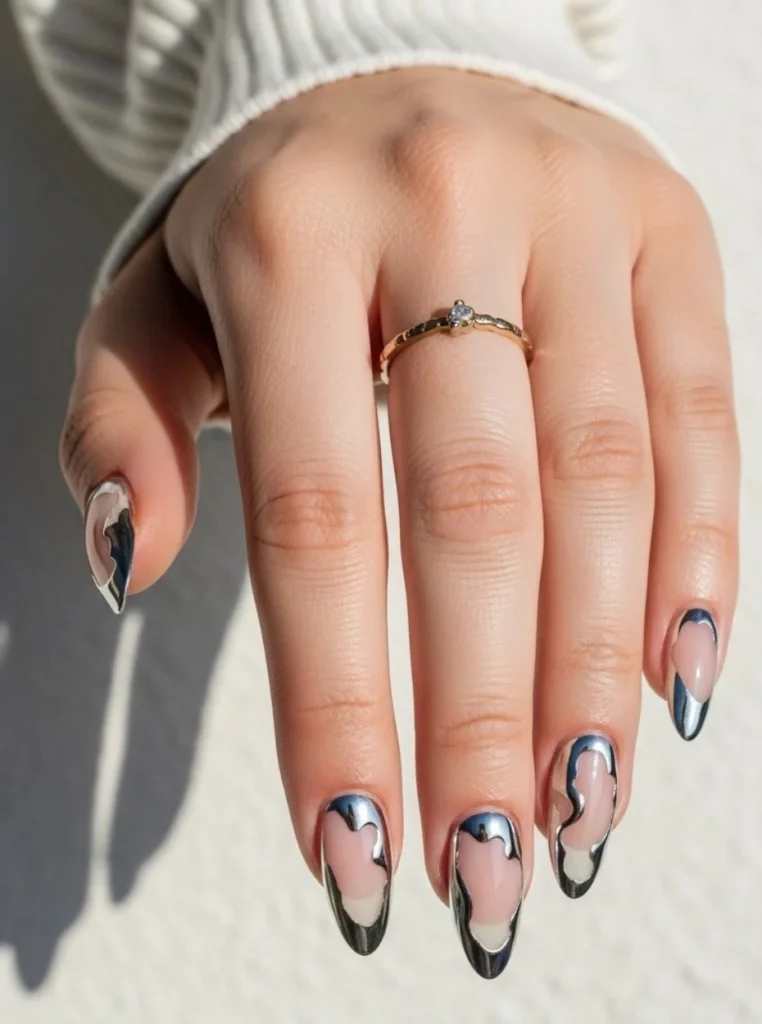 Moderne Chrom French Nägel mit spiegelnden silbernen Spitzen und glänzender Nude-Basis für einen luxuriösen und trendigen Nagellook 2026.