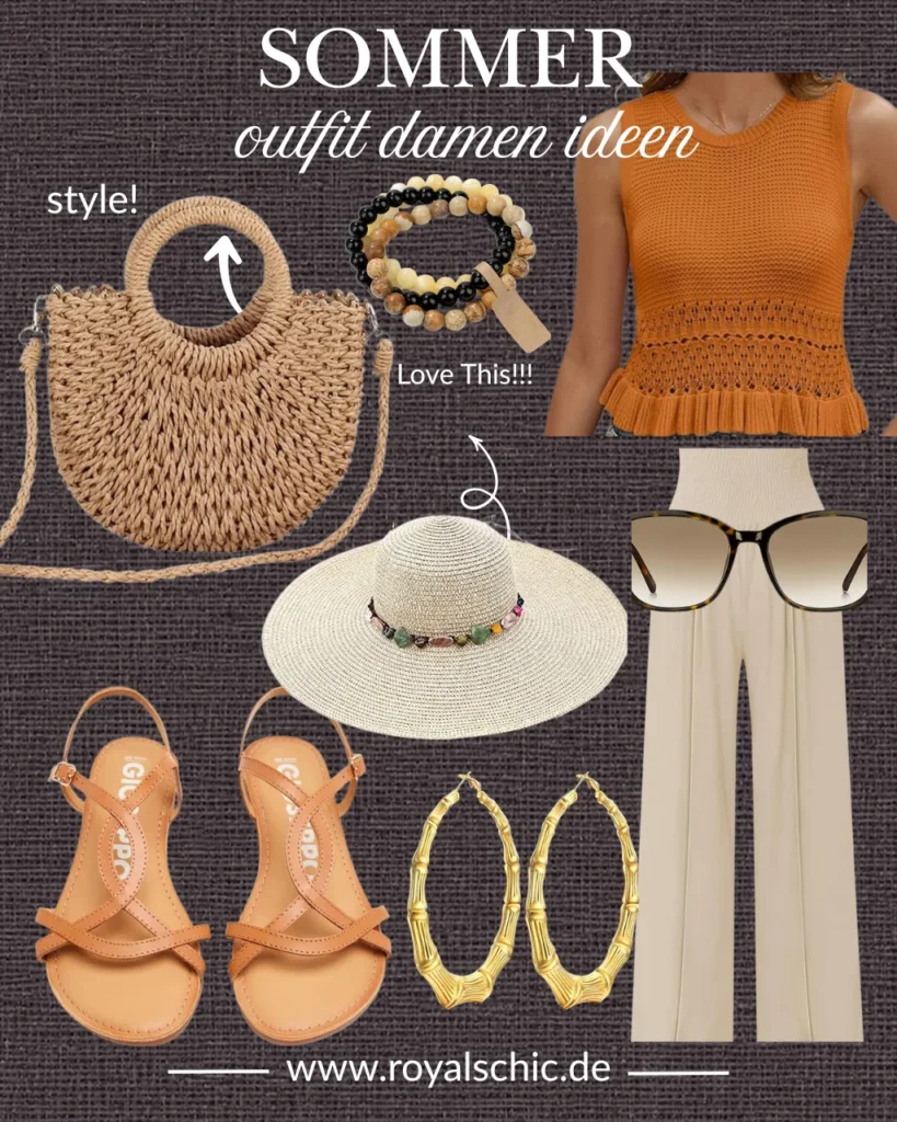 Collage mit Sommeroutfit für Damen: orangefarbenes gehäkeltes Top, fließende cremefarbene Maxihose, Basttasche, Strohhut, Sonnenbrille, goldene Creolen, Perlenarmbänder und braune Sandalen.