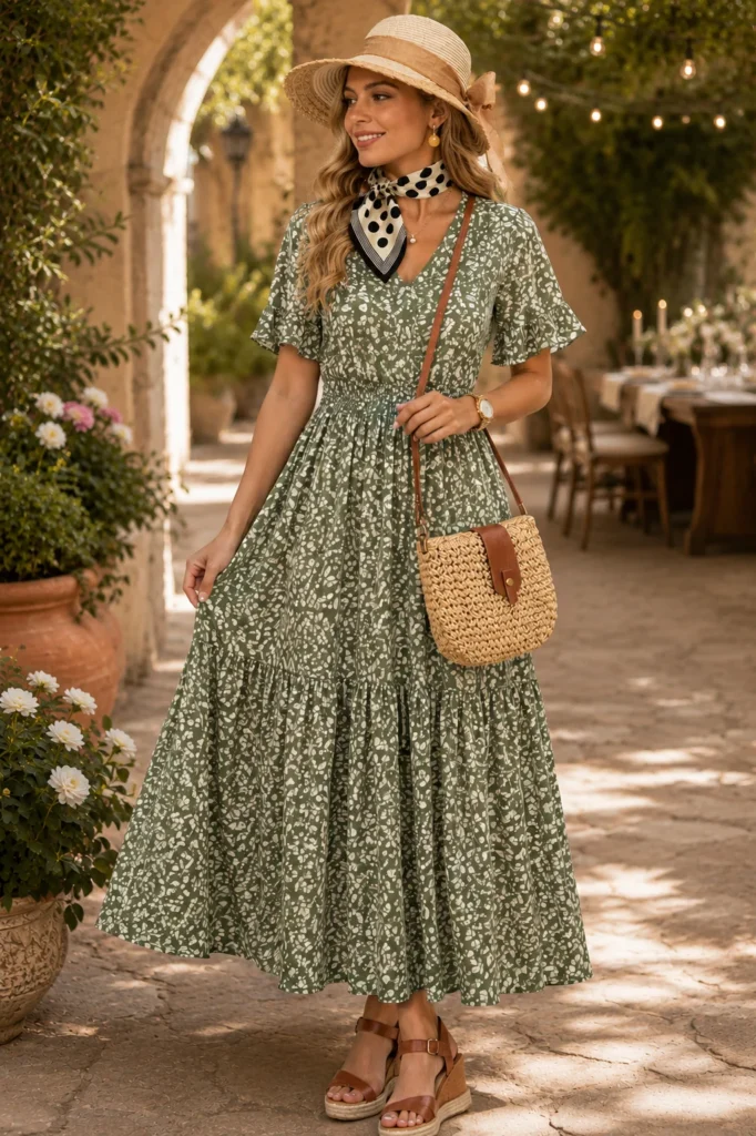 Frau in grünem Blumen-Maxikleid mit Strohhut, gepunktetem Halstuch, geflochtener Umhängetasche, Perlenkette und Keilsandaletten in einem sonnigen mediterranen Innenhof.