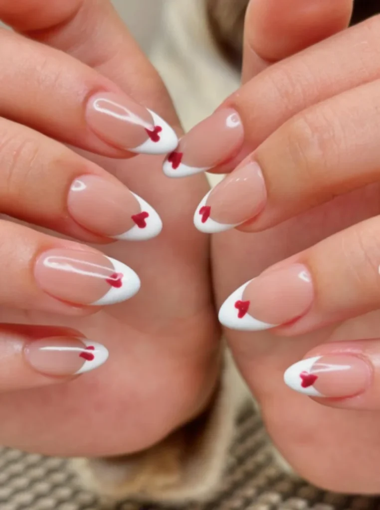 Romantische kurze French Nägel mit klassischen weißen Spitzen und kleinen roten Herzen auf einer glänzenden Nude-Basis für einen süßen und eleganten Look.