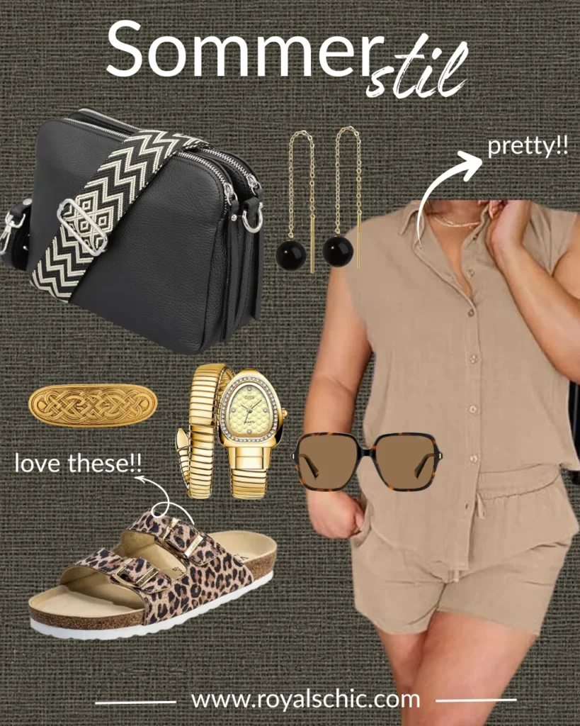 Leinen Co-Ord Set in Naturtönen mit ärmelloser Bluse und Shorts, kombiniert mit schwarzer Umhängetasche, Leoparden-Sandalen, Sonnenbrille und goldenen Accessoires für einen stilvollen Sommer-Look.