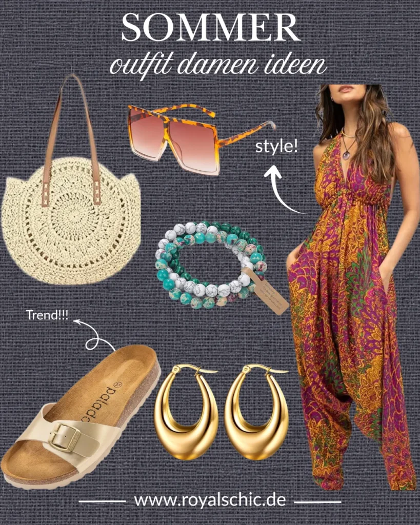 Collage mit luftigem Jumpsuit in Boho-Optik sowie Basttasche, goldenen Creolen, Statement-Sonnenbrille, Perlenarmbändern und beigen Pantoletten – sommerliche Outfit-Idee für Damen 2026.