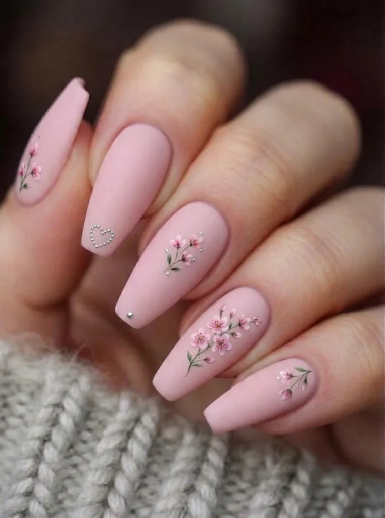Mattrosa Nägel mit zarten rosa Blütenmotiven und floraler Nail Art auf langen Coffin Nails, elegantes mattes Nageldesign für 2026
