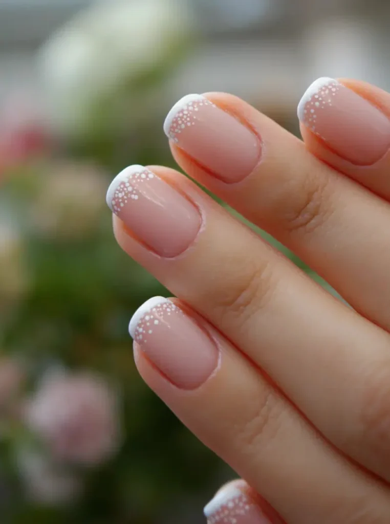 Moderne Micro French Nägel mit ultra feinen weißen Spitzen, zarter Nude-Basis und dezenten weißen Punktdetails für einen eleganten und minimalistischen Nagellook.