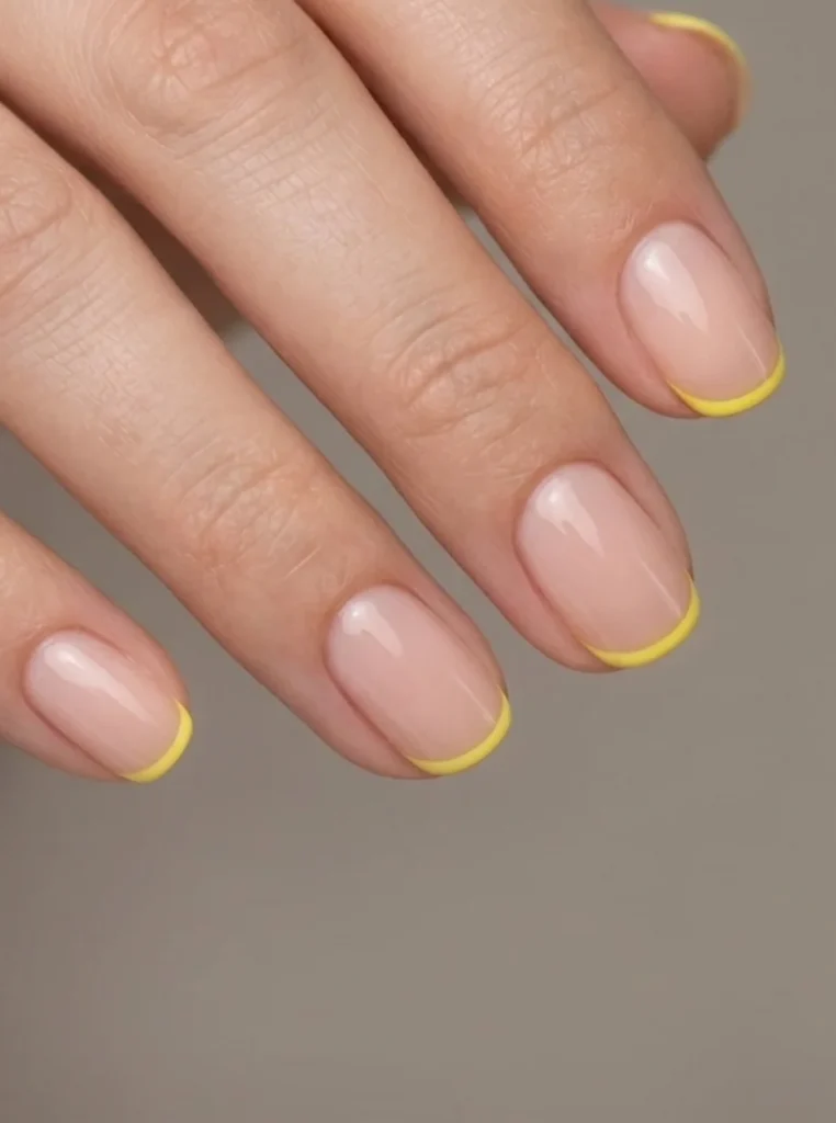 Mikro French in Gelb mit feinen gelben Nagelspitzen und natürlicher Nude-Basis auf kurzen ovalen Nägeln.
