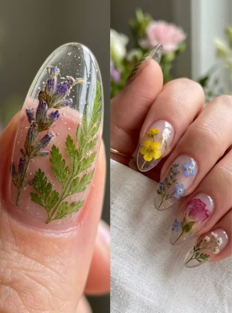 Transparente Nägel mit echten Blüten und botanischen Motiven auf klarem Untergrund – natürlicher Nageltrend für den Frühling 2026.