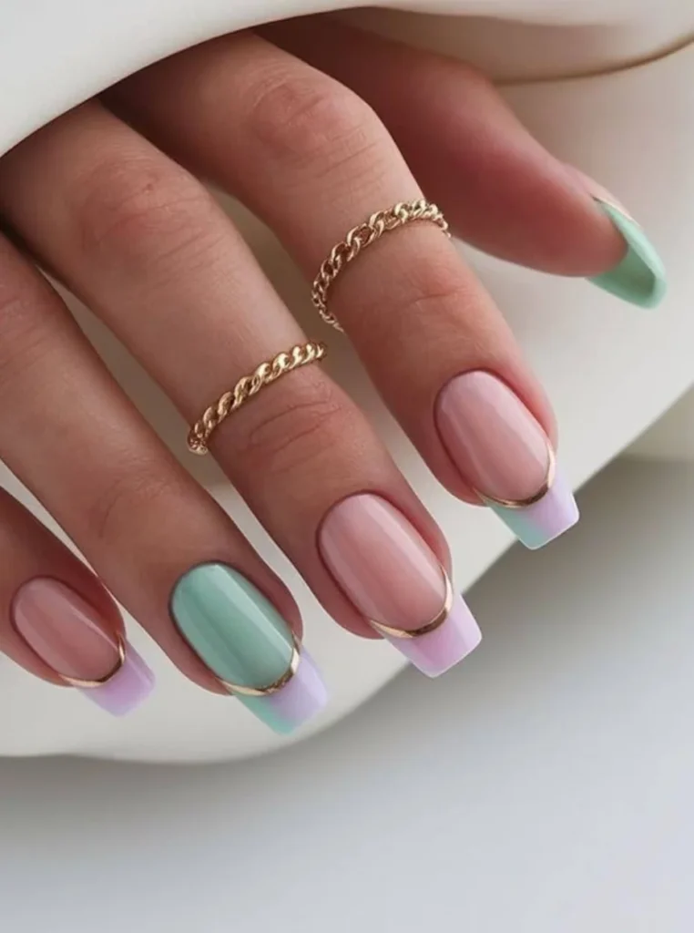 Moderne Pastell French Nägel mit zarten Mint- und Lavendelfarben, goldenen Akzenten und glänzender Nude-Basis für einen eleganten Frühlingslook.