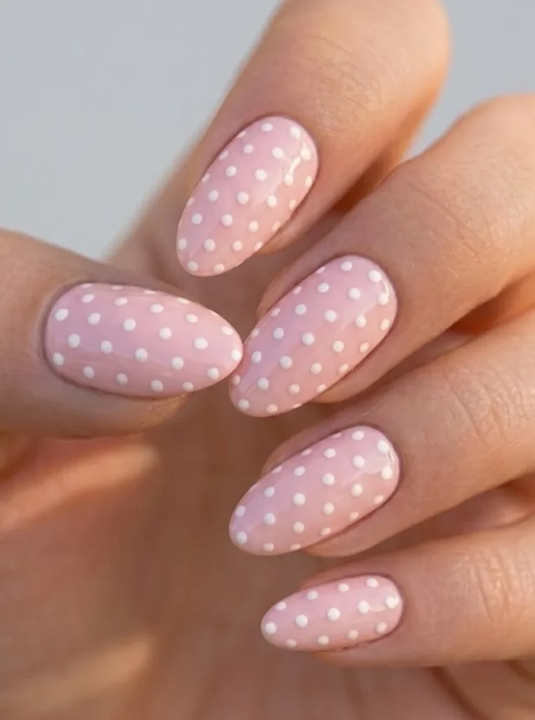Pastellrosa Nägel mit weißen Polka-Dot-Punkten auf mandelförmigen Nägeln – verspielter und eleganter Sommer-Nageltrend.