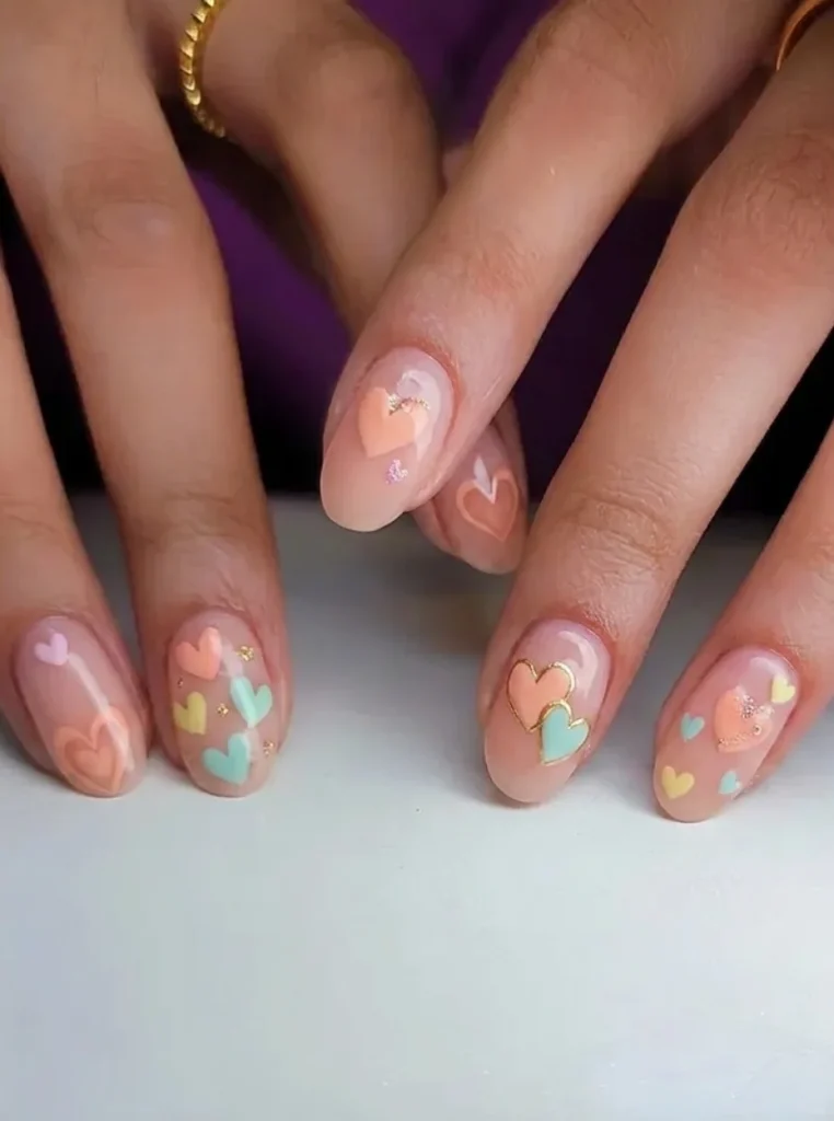 Pfirsich Nägel mit bunten Herzmotiven, goldenen Akzenten und verspieltem Nail-Art-Design auf kurzen ovalen Nägeln.
